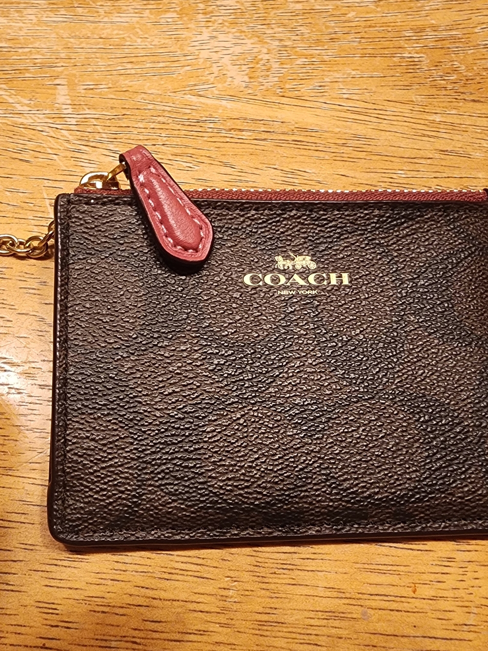 Coach Mini Skinny ID Case in signature coated canvas with rose/red leather